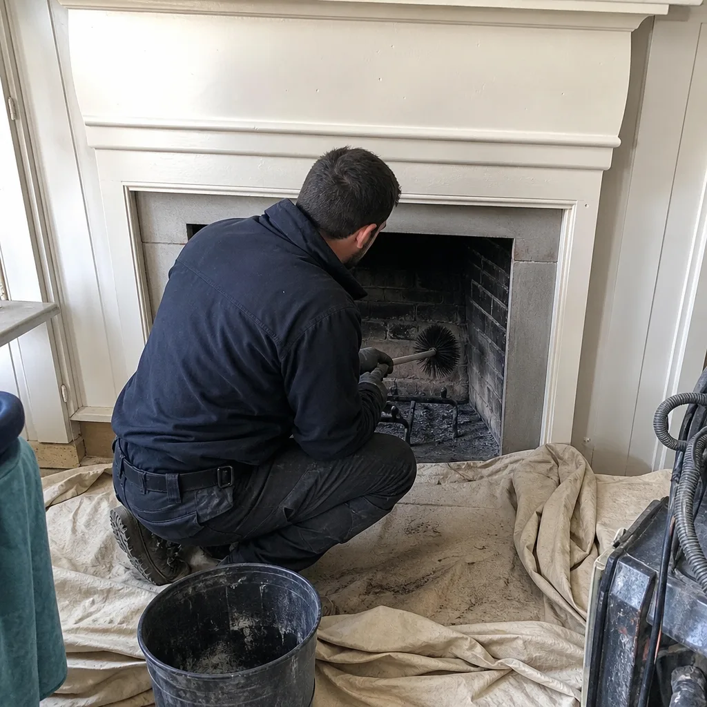 Professional chimney sweep cleaning a brick fireplace with a wire brush
