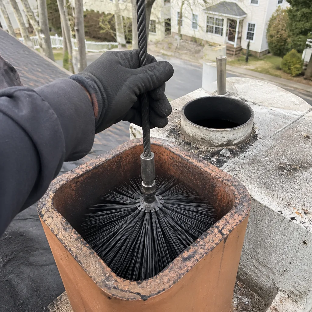 Professional chimney sweep cleaning a chimney flue with a rotary brush