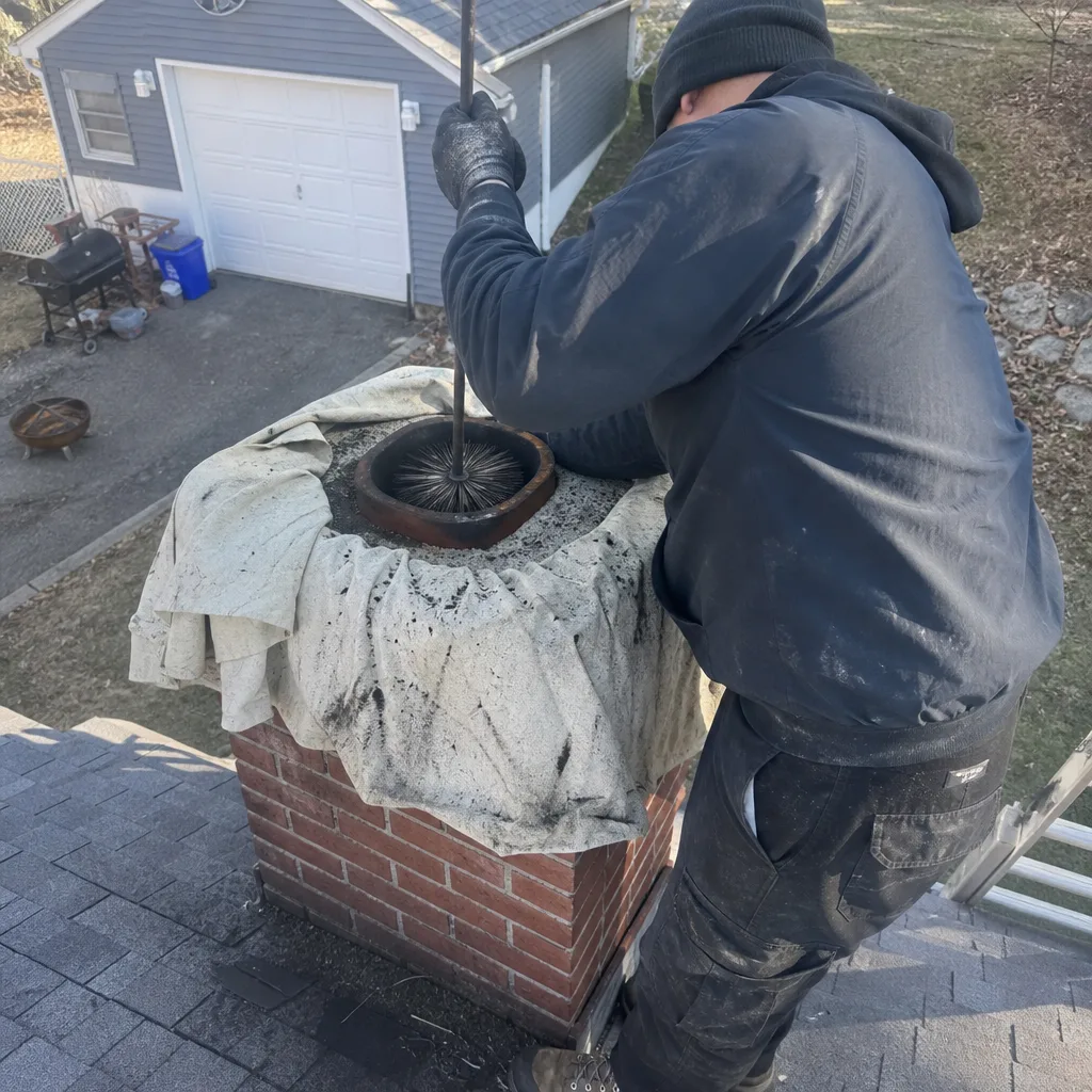 Professional chimney sweep cleaning a brick chimney with a wire brush.