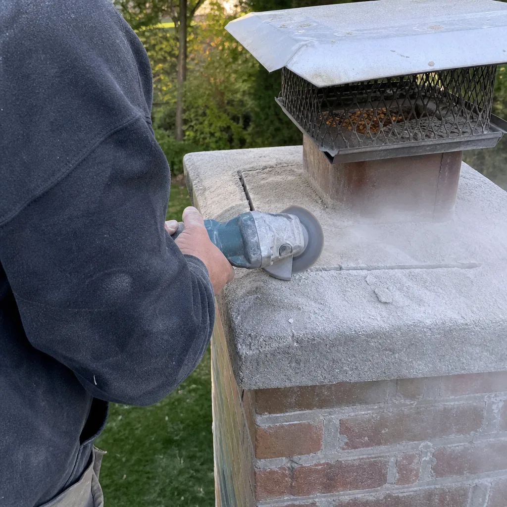 Professional technician performing chimney crown repair with an angle grinder