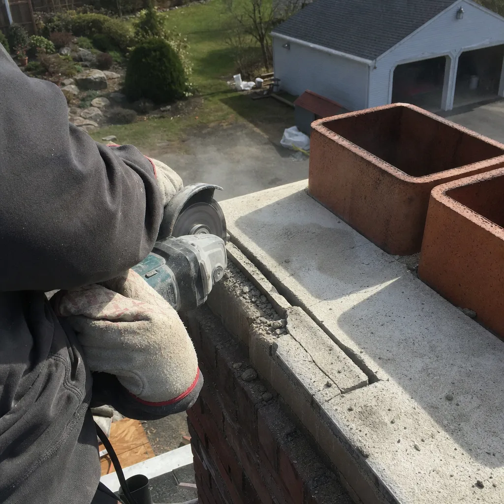 Professional technician performing chimney cap repair with an angle grinder