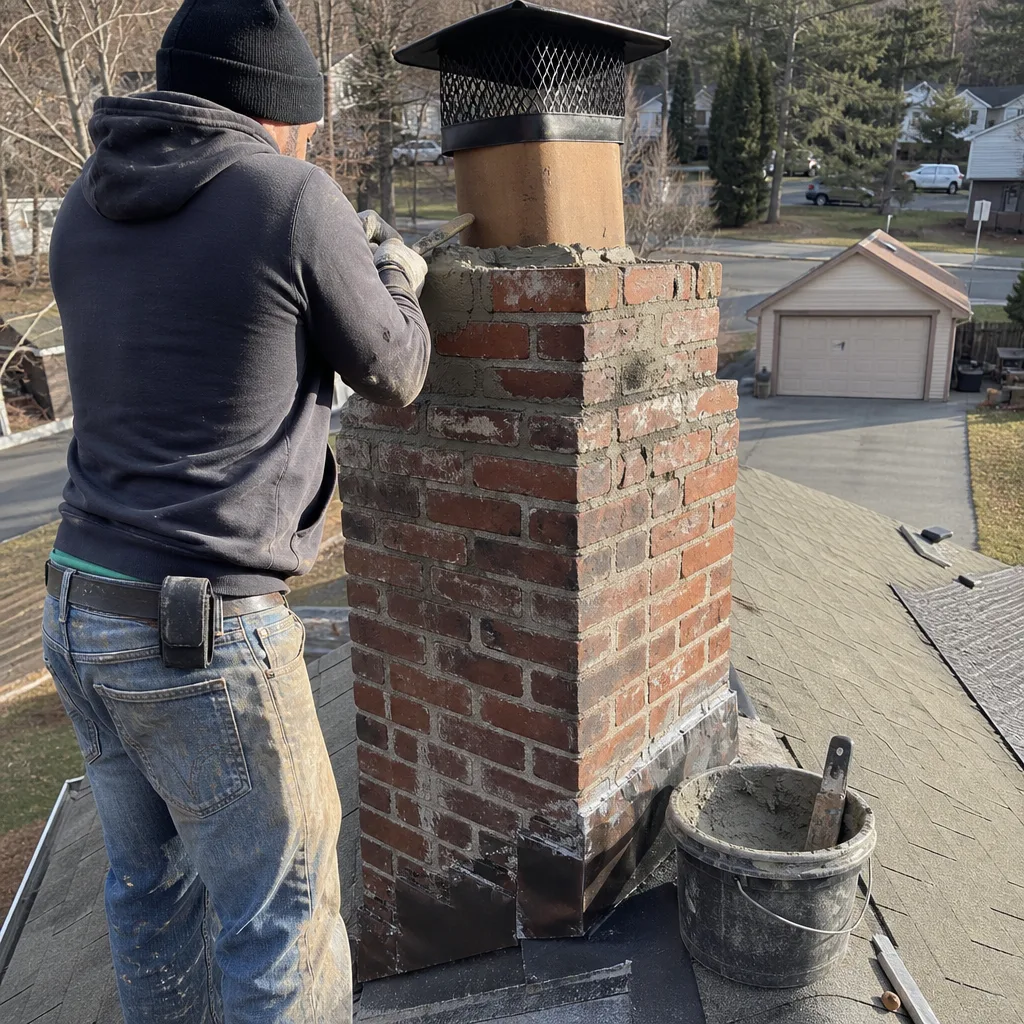 Professional technician performing masonry chimney repair work on a rooftop