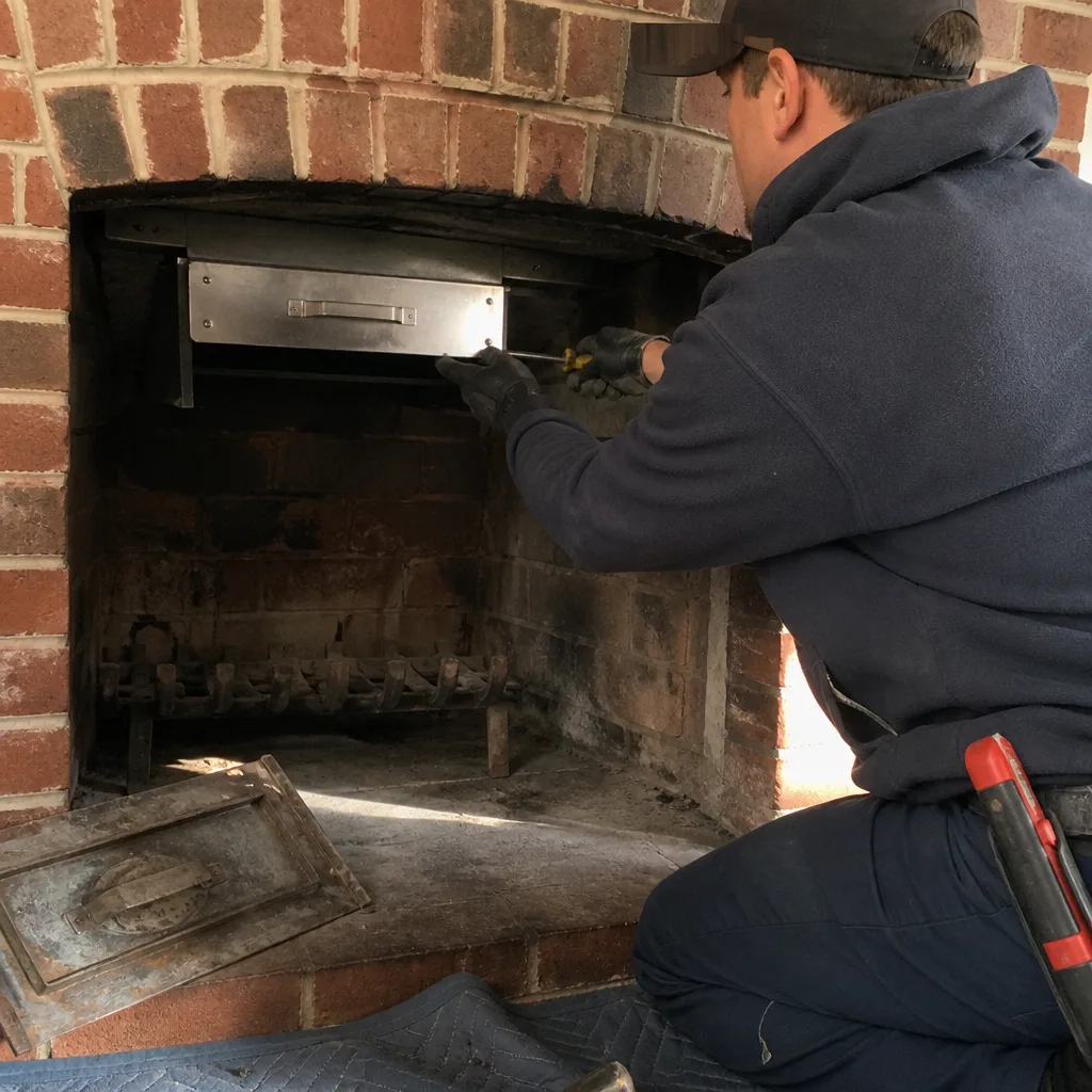 Technician performing professional chimney damper installation and fireplace maintenance