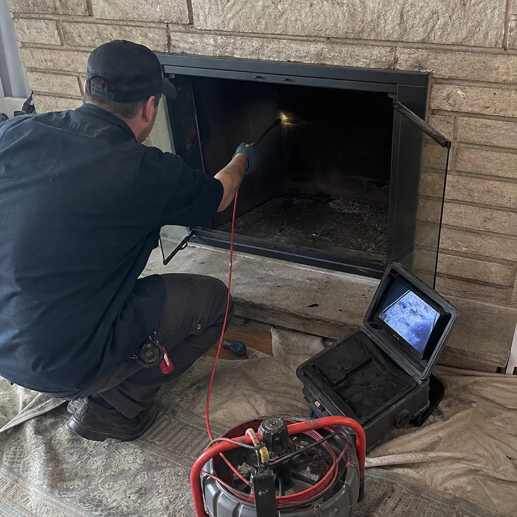 Technician performing a professional fireplace and chimney flue video inspection