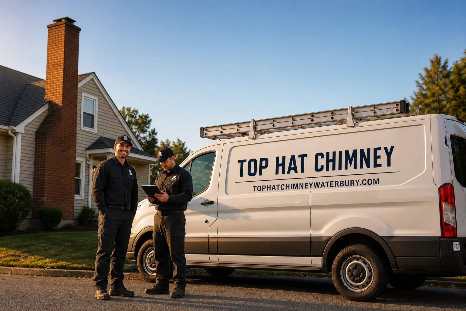 Top Hat Chimney chimney cleaning service vehicle and crew in Waterbury, CT